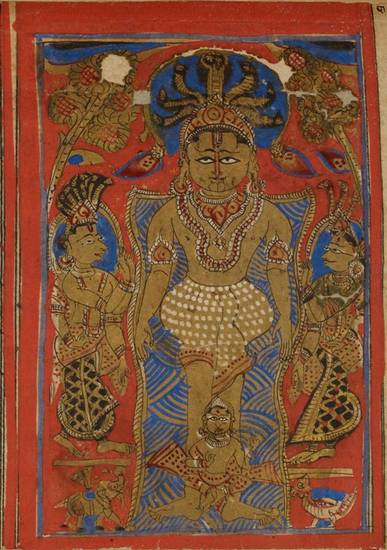 The 23rd Jina Pārśva is shown between his yakṣiṇī with Dharaṇendra at his feet in this manuscript painting. Pārśva is easily recognised in art from his snake headdress. Here he is dressed as a Śvetāmbara monk, but he also wears ornate jewellery.