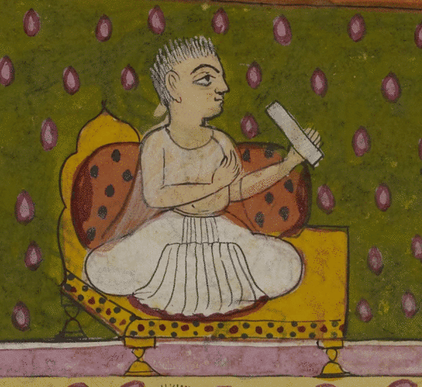 In this detail of a manuscript painting a white-clad monk preaches to lay Jains. Taking the lotus position of meditation and advanced spirituality, the monk sits on a low seat, indicating higher status, and holds up a mouth-cloth.