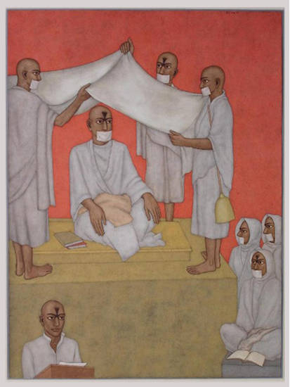This 2007 painting called ‘Padabhishek’ shows the ceremony in which a Jain monk is promoted to ācārya. Artist: Shanti Panchal. Medium: watercolour on paper.