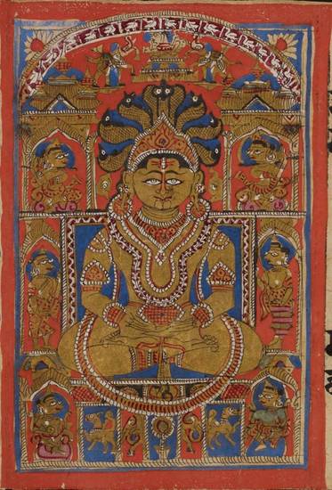 This painting from a manuscript depicts Pārśva, the 23rd Jina. Easily recognised in art from his snake headdress, Pārśva sits in the lotus pose of meditation and wears ornate jewellery, emphasising his status as a spiritual leader.