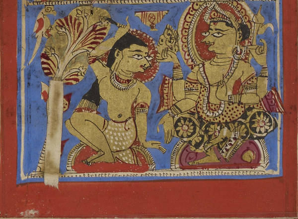This detail from a Śvetāmbara manuscript shows the first Jina Ṛṣabha plucking out his hair in the ritual of keśa-loca. Part of the renunciation ceremony, dīkṣā marks the start of mendicant life. Śakra, king of the gods, watches this auspicious event.