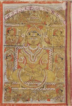 In golden colours, this manuscript painting shows Ṛṣabha. The first of the 24 Jinas, Ṛṣabha takes the lotus position of meditation. His jewels and headdress show he is a spiritual king, stressed by royal symbols, such as the elephant and parasol.