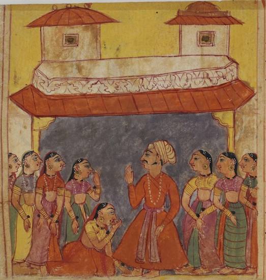 This manuscript illustration shows Subhadrā holding her husband's feet to stop him leaving his family responsibilities to become a monk. The women are Dhanya's wives, who are all unhappy with his decision.
