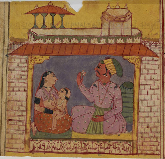 Sangama's rebirth as Śālibhadra is illustrated in an 18th-century manuscript of the 'Dhanna-Śālibhadra-carita'. Sangama's virtuous behaviour leads him to be reborn as Śālibhadra, son of the wealthy merchant Gobhadra and his wife Bhadrā.
