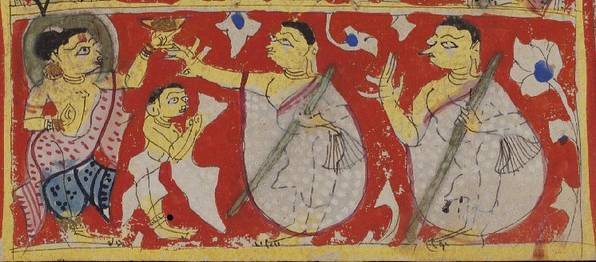 In this detail from a manuscript painting Śvetāmbara monks receive alms from lay people. This manuscript of the Uttarādhyayana-sūtra, a major text outlining the rules of monastic life, dates back to the 16th century