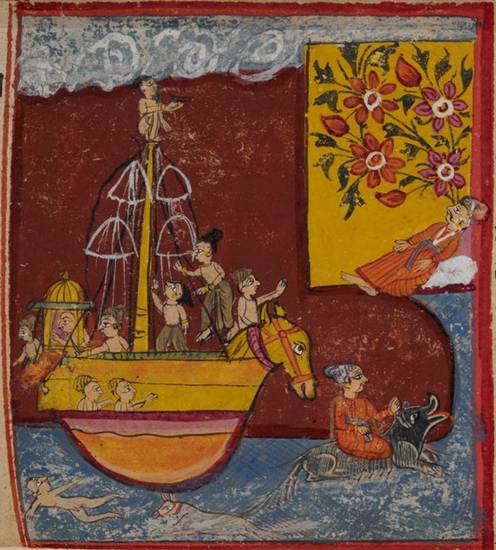 This manuscript painting shows three episodes in the colourful adventures of Prince Śrīpāla. A favourite Jain hero, Śrīpāla is closely connected with the worship of the navapada or siddhacakra, which aids him when he faces danger