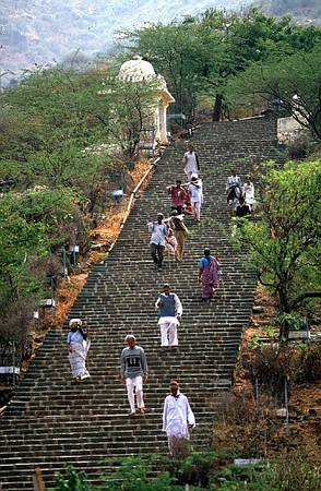 The steep path to the temples at Mount Shatrunjaya has around 4000 steps. Most visitors go on foot but those who are unable to climb so far can take a kind of palanquin – ḍolī – carried by two men, commonly called 'doli-wallahs'.