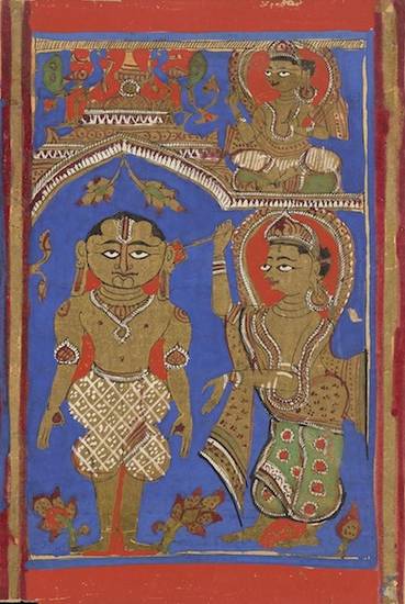 This manuscript painting shows the yakṣa Śūlapāṇi trying to interrupt Mahāvīra’s meditation. The ascetic Mahāvīra is staying in the village of Asthikagrāma, where Śūlapāṇi has killed many people. The malevolent yakṣa fails to disturb him.