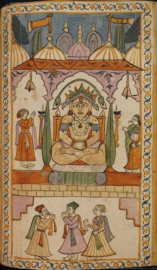 This manuscript painting depicts the 16th Jina Śāntinatha or Lord Śānti, with lay people around him, raising their hands in worship under a domed roof. The statue's jewellery, ornate headdress and open eyes indicate that it belongs to the Śvetāmbara sect.