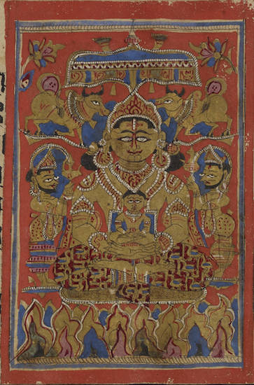 In this manuscript painting, the infant Mahāvīra receives his ritual bath on Mount Meru. Śakra, king of the gods, who is important in the lives of the Jinas, baths the baby who becomes the 24th Jina. The small figure is Mahāvīra sitting on Śakra's lap.