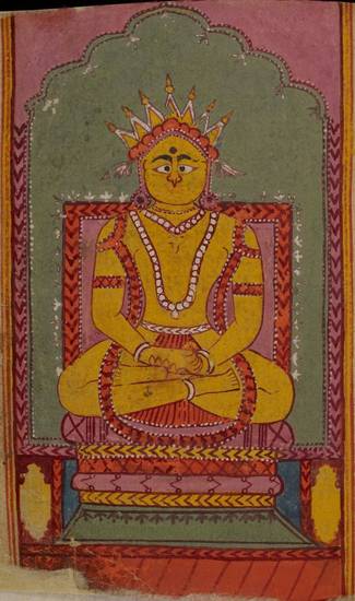 This manuscript painting depicts a Jina meditating. Though hard to identify, he is probably Supārśvanatha or Lord Supārśva, the seventh Jina. The statue's jewellery, ornate headdress and open eyes indicate it is Śvetāmbara.