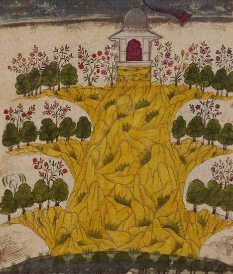 This manuscript painting shows the three beautiful garden terraces of Mount Meru and the temple at its peak. Mount Meru is the cosmic axis, centre of the three worlds of the Jain universe, and is usually yellow in paintings