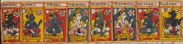 The eight groups of Vyantara gods are shown in this painting from a manuscript. The Vyantara – Vyantaravāsīn – are semi-deities who live between the highest hell and the surface of the earth in traditional Jain cosmology.