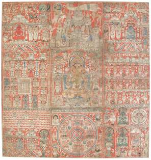 This paṭa or cloth wall-hanging shows eight major pilgrimage centres and their associated events. In the centre is the 24th Jina, Mahāvīra, in Pāvāpurī, where he was liberated. The other major Jinas are also represented, as are the pilgrims who visit.