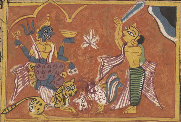 This manuscript painting from the 'Jasahara-cariu' depicts King Yaśodhara after he has performed a sacrifice to the goddess Caṇḍamāri. Between the goddess and Yaśodhara is the cockerel he has just beheaded. Even though it is made of flour, it bleeds.