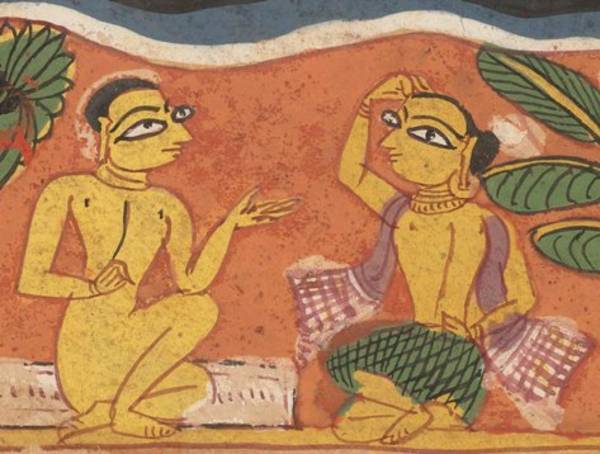 This detail from a manuscript painting shows the monastic initiation of the former King Yaśogha. The man on the left is nude, showing he is a Digambara monk. He watches Yaśogha performing the rite of keśa-loca – ‘pulling out of the hair’ – which is part o