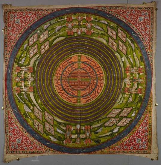This 19th-century aḍhāī-dvīpa demonstrates the importance of symmetry and repetition in traditional Jain ideas of the universe. An aḍhāī-dvīpa is a colourful, detailed diagram of the Two and A Half Continents where human beings live