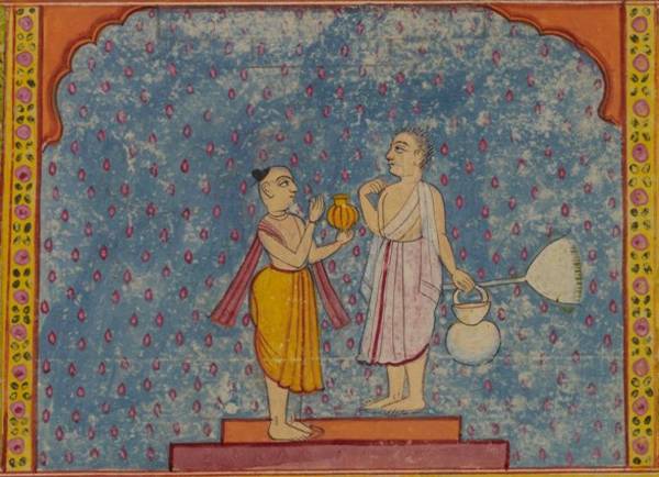 This detail of a painting from an Ādityavāra-kathā manuscript shows a monk about to receive his daily alms. Even though he wears white robes like a Śvetāmbara monk, the mendicant is making the ritual gestures of the Digambara sect