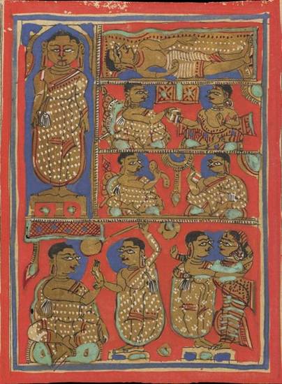 This painting from an Uttarādhyayana-sūtra manuscript illustrates very different monastic behaviour. The monk at the top left demonstrates the ascetic ideal of deep meditation and indifference to physical demands. He displays the detachment from worldly c