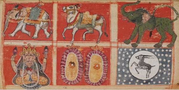This manuscript painting illustrates some of the auspicious dreams of the mother of a baby who becomes a Jina. According to the Śvetāmbara sect, she has 14 dreams. The dreams pictured here run from the first onwards.