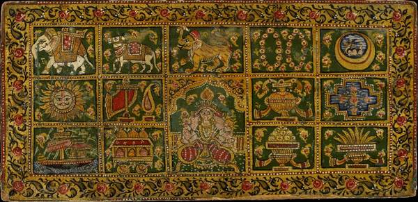 This manuscript cover illustrates the auspicious dreams of the mother of a baby who becomes a Jina. According to the Śvetāmbara sect, she has 14 dreams.
