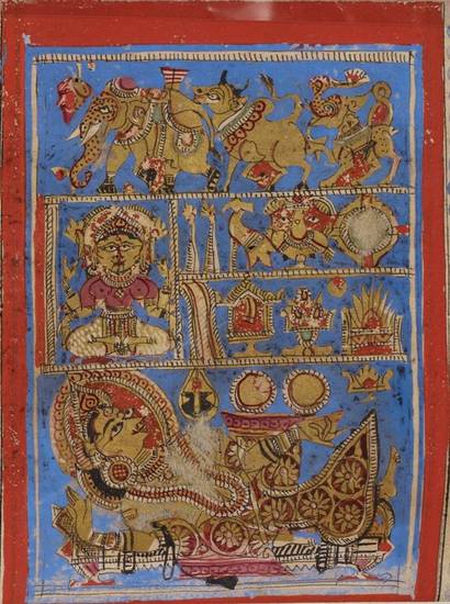 This manuscript painting illustrates Devānandā having the auspicious dreams experienced by the mother of a baby who will grow up to be a Jina. According to the Śvetāmbara sect, she has 14 dreams. The discs of the sun and moon are just above her left hand,