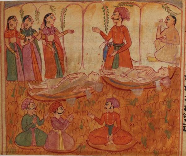 This manuscript painting shows Dhanya and Śālibhadra fasting to death, among lay people and monks paying homage to them. Dubbed the 'sage's death', this very difficult ritual is believed to purify the mind and destroy negative karma and passions