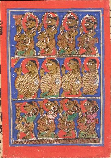 This painting from a Kalpa-sūtra manuscript illustrates the 'fourfold community' – saṅgha. The followers of the Jinas are made up of lay men, lay women, monks and nuns. All elements of the community are vital