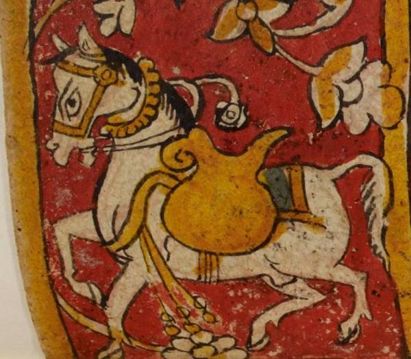 This manuscript painting shows an important animal in Jain myth. The horse is the emblem – lāñchana – of Saṃbhavanatha or Lord Saṃbhava, the third Jina. It is also the symbol of the 6th group of Bhavanavāsin gods, the Vāyu-kumāra or ' stormy youths'.