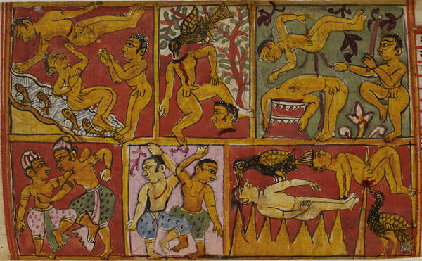 This colourful manuscript painting depicts some of the torments endured by infernal creatures in hell. Beings are born in one of the seven hells because of the negative karmas – pāpa-prakṛtis – their souls have produced in previous lives by bad behaviour.
