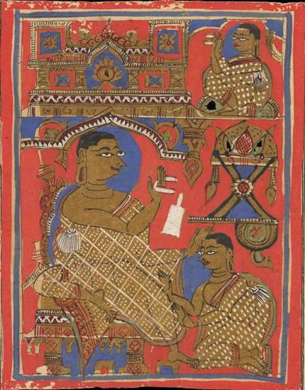 This painting from an Uttarādhyayana-sūtra manuscript illustrates a Śvetāmbara monastic teacher and pupils. As the senior monk, the teacher is the largest figure and sits on a dais under an ornate canopy. The lower-ranking mendicants pay homage to him