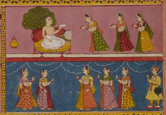 This painting from an 18th-century Ādityavāra-kathā manuscript depicts ladies venerating a monk. Though he is dressed in white, like a Śvetāmbara monk, the mendicant is of the Digambara sect. His water pot and broom nearby, the monk sits on a low platform