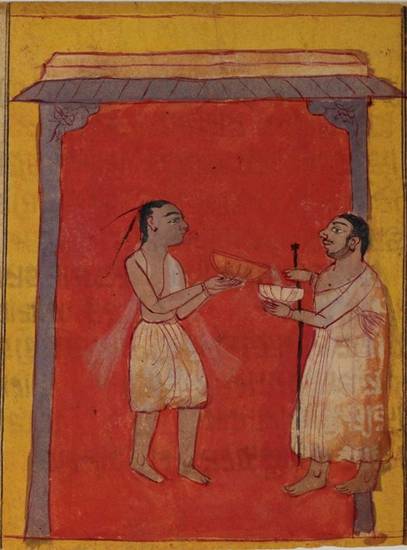 This painting from an 18th-century manuscript telling the story of Śālibhadra shows a monk being given milk-rice. After Sangama's poor widowed mother makes the milk-rice he has requested, the boy happily donates the delicacy to a monk seeking alms.