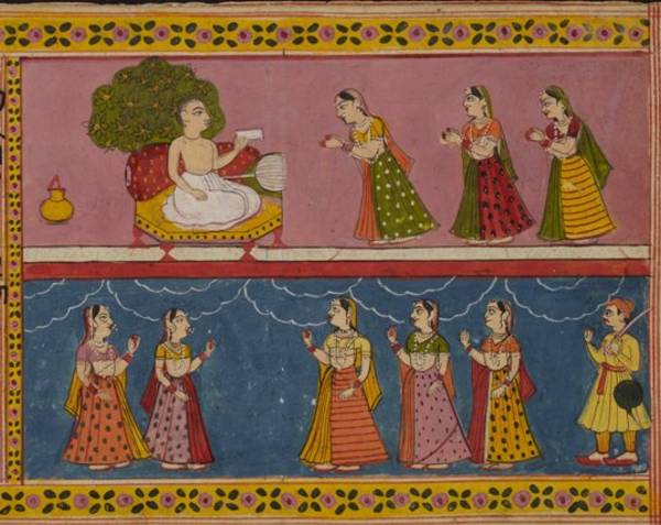 This painting from an 18th-century Ādityavāra-kathā manuscript depicts ladies venerating a monk. Though he is dressed in white, like a Śvetāmbara monk, the mendicant is of the Digambara sect. His water pot and broom nearby, the monk sits on a low platform