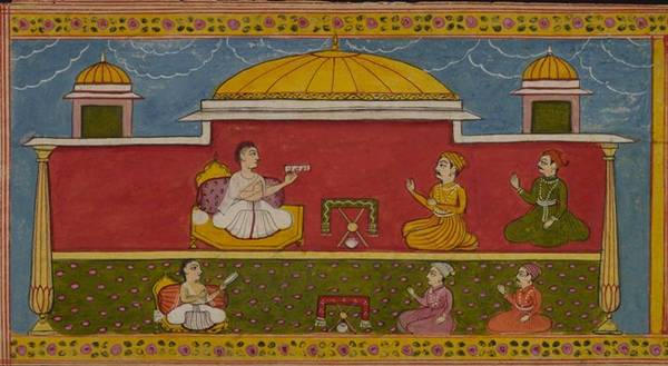 This painting from an Ādityavāra-kathā manuscript shows monks preaching to lay men. The monks are of the Digambara sect even though their white robes resemble those of Śvetāmbara monks. Each monk sits on a dais and holds a scripture in a scroll. The books