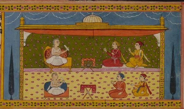 This illustration from an 18th-century Ādityavāra-kathā manuscript shows Digambara monks preaching to lay men. Sitting on low platforms above their listeners, the monks hold up scriptures. The bookstands in front underline their role as religious teachers
