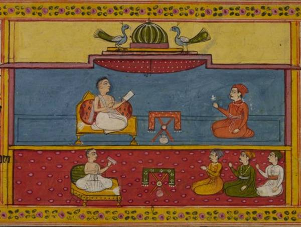 This painting from an Ādityavāra-kathā manuscript depicts monks preaching to lay men. The mendicants are Digambara even though their white robes resemble those of Śvetāmbara monks. Raising scriptures high, the monks sit on low platforms