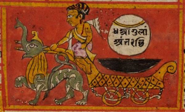 This manuscript painting depicts the course of the moon and an eclipse. The moon - candra - rides across the sky in a chariot each night. In Indian mythology Ketu and Rāhu form a snake that swallows the moon or sun, bringing about eclipses.