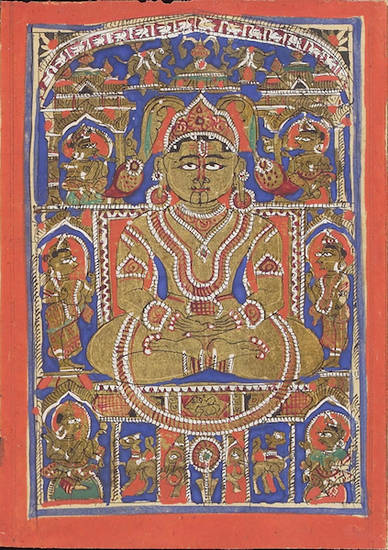 This Śvetāmbara manuscript painting shows the 22nd Jina, Neminātha, or Lord Nemi, and his entourage – parikara. His yakṣa and yakṣī are male and female deities who protect his teaching and answer human prayers. The goddess Ambikā is Nemi's yakṣī.