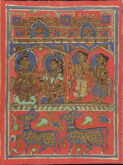 This illustration from an Uttarādhyayana-sūtra manuscript shows some of the obstacles to chastity. Generally considered to be the hardest vow a mendicant must take, the vow of celibacy is at risk if a monk is in the company of women