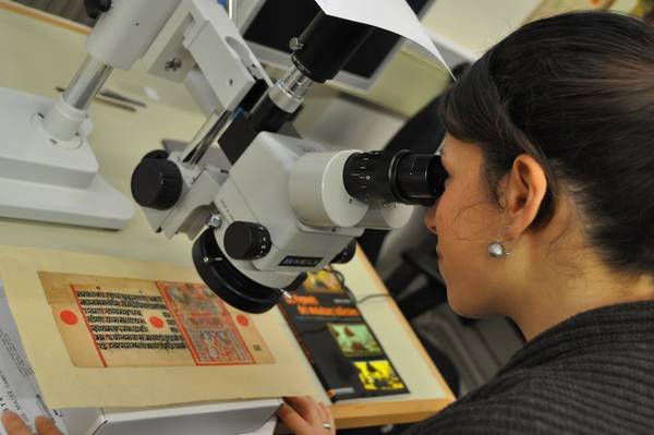 A scientist examines a folio with a stereo microscope to see the painted surface in great detail.