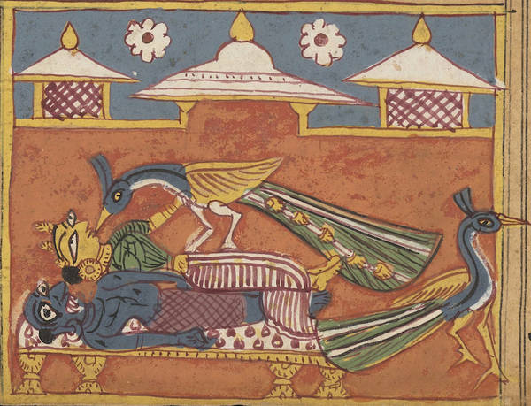 This manuscript painting from the 'Jasahara-cariu' shows a peacock attacking Queen Amṛtamati while she lies with her grotesque lover. The bird is Amṛtamati's reborn husband, Yaśodhara. The popular tale illustrates the key beliefs of karma and rebirth.
