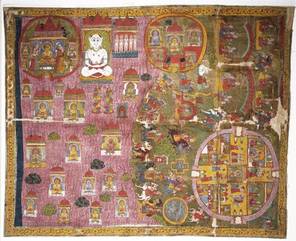 This unusual paṭa or cloth wall-hanging of Mount Shatrunjaya depicts worldly life on the right, with green background, while the left-hand side shows Shatrunjaya. Mntal pilgrimage completed by meditating on a paṭa is considered equal to a physical journey
