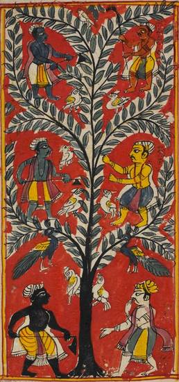 The parable of the tree is shown in this manuscript painting. Six hungry men propose reaching the fruit in ways ranging from felling the jambū tree to picking up windfalls. The colours of the men reflect their souls' colours – leśyās – or spiritual state.