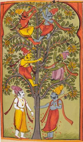 This 19th-century manuscript painting shows the parable of the tree. Six hungry men suggest ways of reaching the fruit, ranging from chopping down the jambū tree to picking up windfalls. The colours of the men reflect their souls' colours – leśyās.
