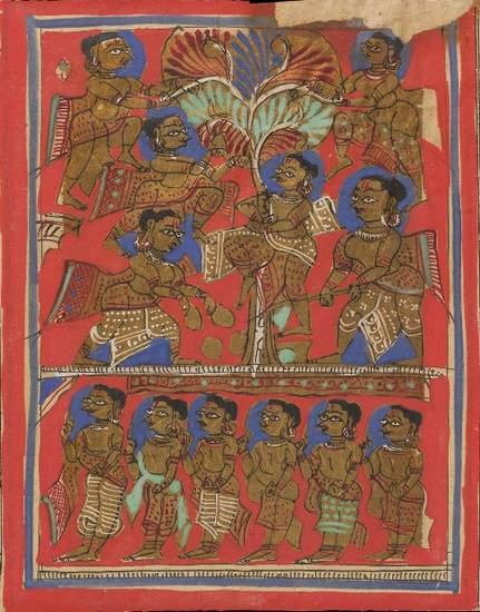 This manuscript painting illustrates the parable of the tree. Six hungry men suggest various ways to reach the fruit. Involving different levels of violence, the methods reflect the men's souls. The men represent the six colours – leśyās – of the soul.