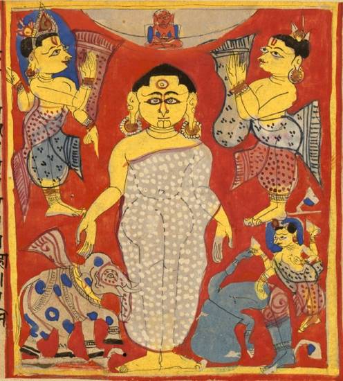 This painting from an Uttarādhyayana-sūtra manuscript is of a Śvetāmbara monk in the kāyotsarga – 'rejection of the body' – meditation posture. He has the third eye and the bump of wisdom on his head. Four-armed gods and a lay man pay homage to him