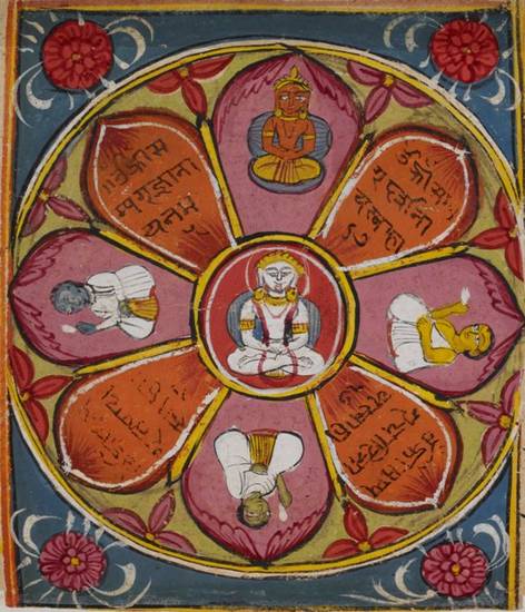 This manuscript painting of a Svetāmbara siddhacakra shows the five highest beings in Jain belief, depicted in different colours. The petals in between contain Sanskrit mantras praising the 'four fundamentals'. It is a visual summary of key Jain doctrines