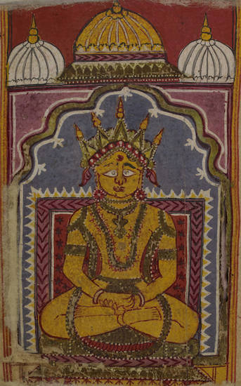 This colourful manuscript painting of a meditating Jina may be of the seventh Jina Supārśvanatha or Lord Supārśva. In theory he is always depicted with one, five or nine snakehoods. The image's jewellery and open eyes indicate it is of the Śvetāmbara sect
