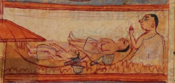 This manuscript painting shows two monks fasting to death – sallekhanā – under the supervision of a monastic teacher. The teacher or mentor is present throughout the ritual, overseeing the stages of penance and renunciation that end in the 'sage's death'.